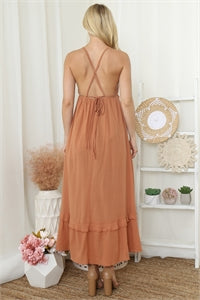 6023 -Myrna Brown Cross Spaghetti Strap Maxi Dress