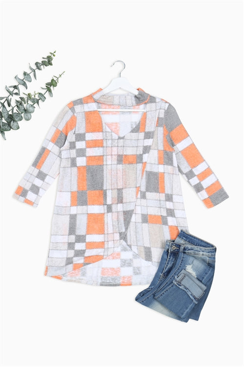 Gray Orange Tartan Print Top