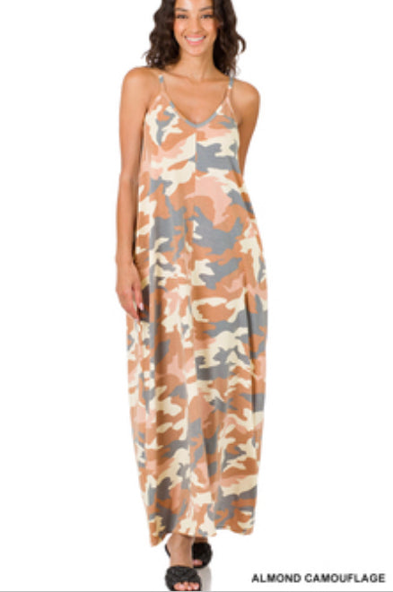 057 Camouflage V-neck Maxi Dress