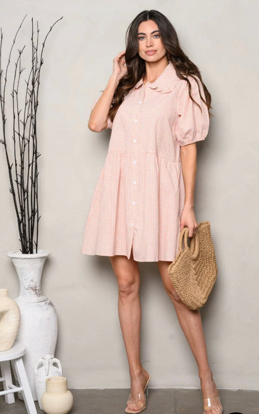 (4253) Adriana Puff Sleeve Button Up Mini Dress