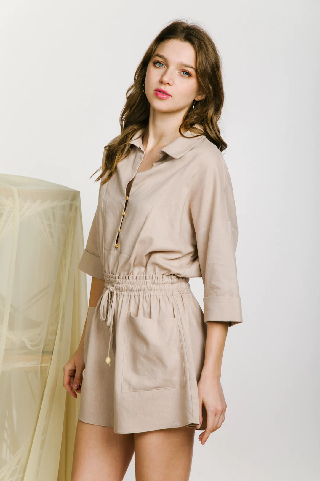 (5103) Beth Lapel Collared Roll-up Sleeve Linen Romper