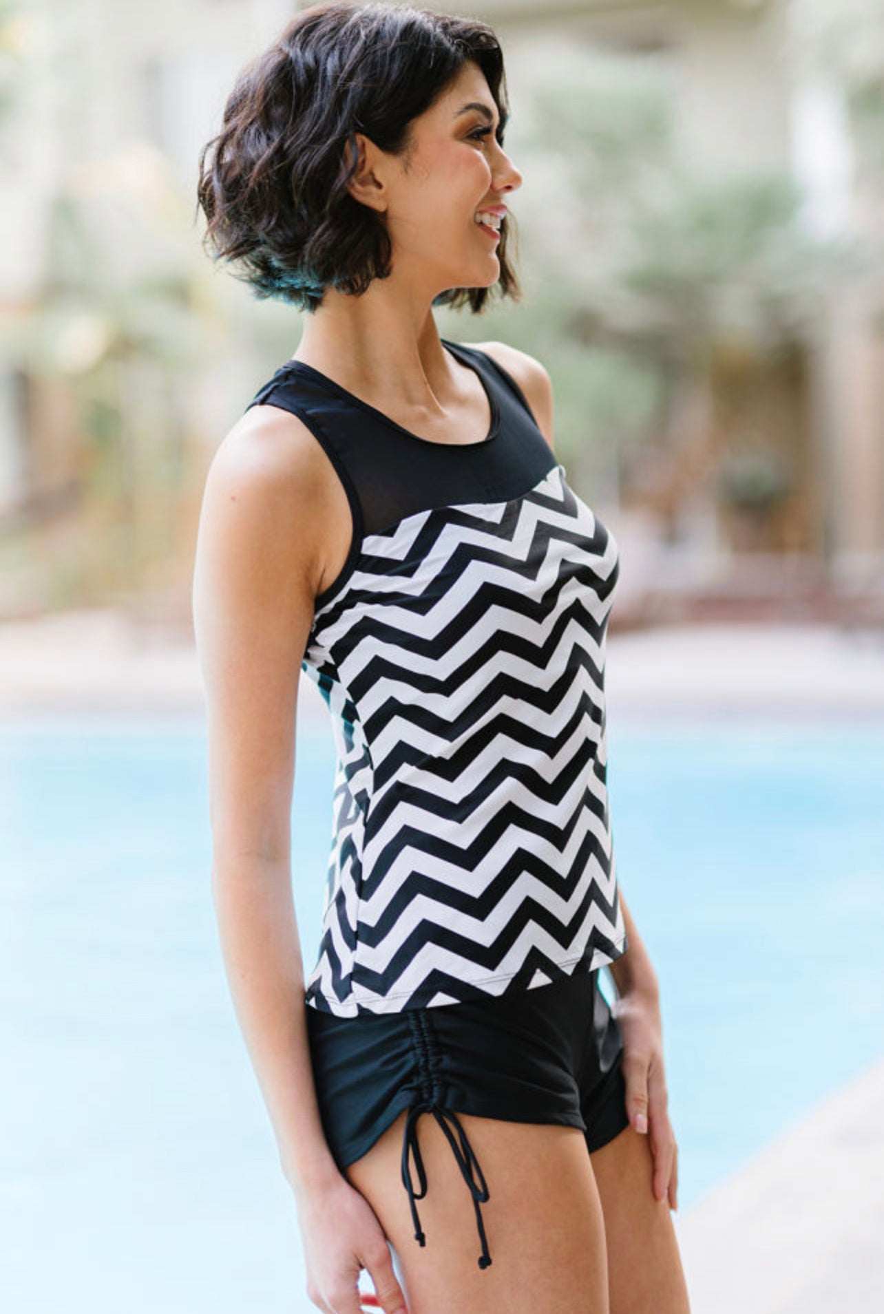 Black White Zigzag Print 2pc Tankini Swimsuit