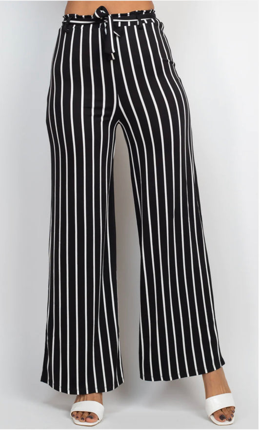 Stripe Tie Waist Wide Leg Pants