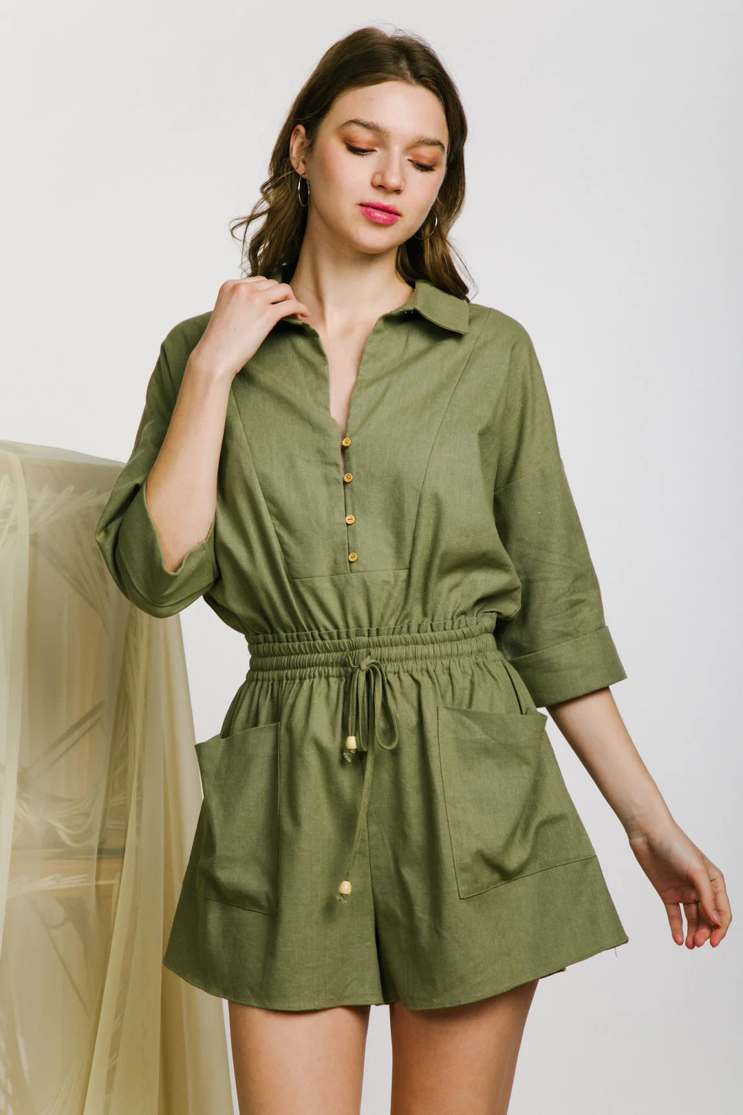 (5103) Beth Lapel Collared Roll-up Sleeve Linen Romper