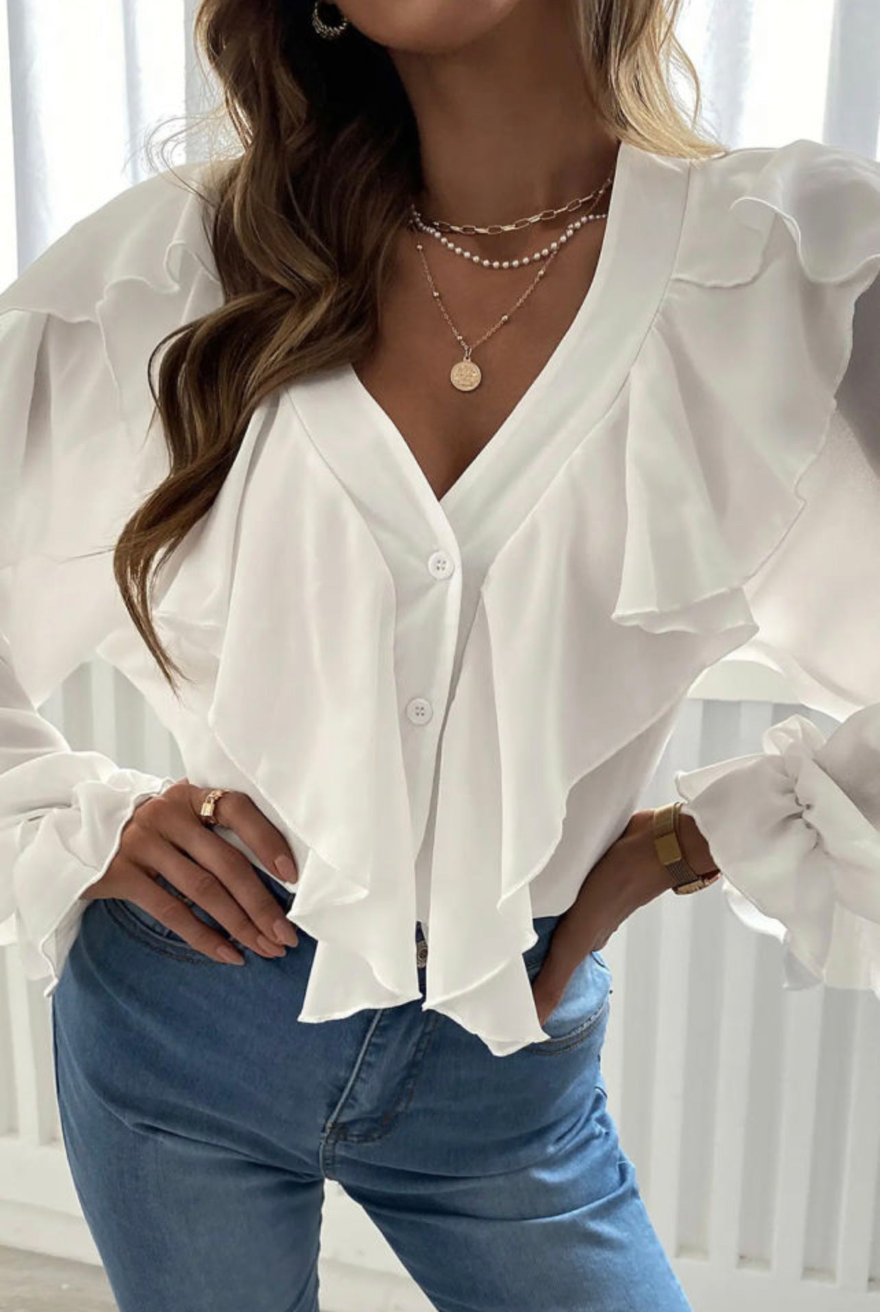 White Ruffles V-neck Top