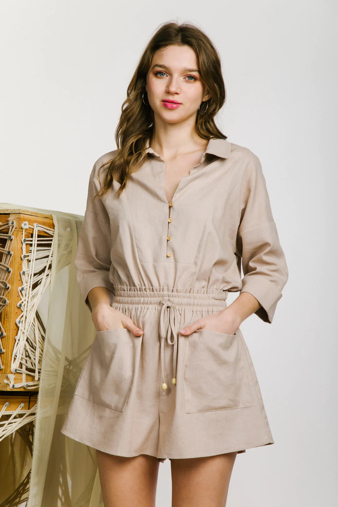 (5103) Beth Lapel Collared Roll-up Sleeve Linen Romper