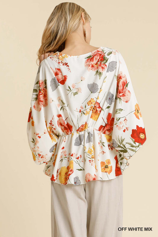 (120) Scarlet Floral Print Kimono Sleeve Round Neck Peplum Hem Top