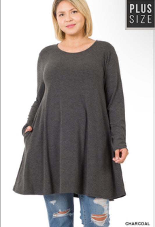 Plus Long Sleeve Swing Tunic with Pockets