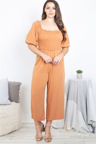 052323 - Plus Size - Ginger Puff Sleeve Smocked Top Jumpsuit