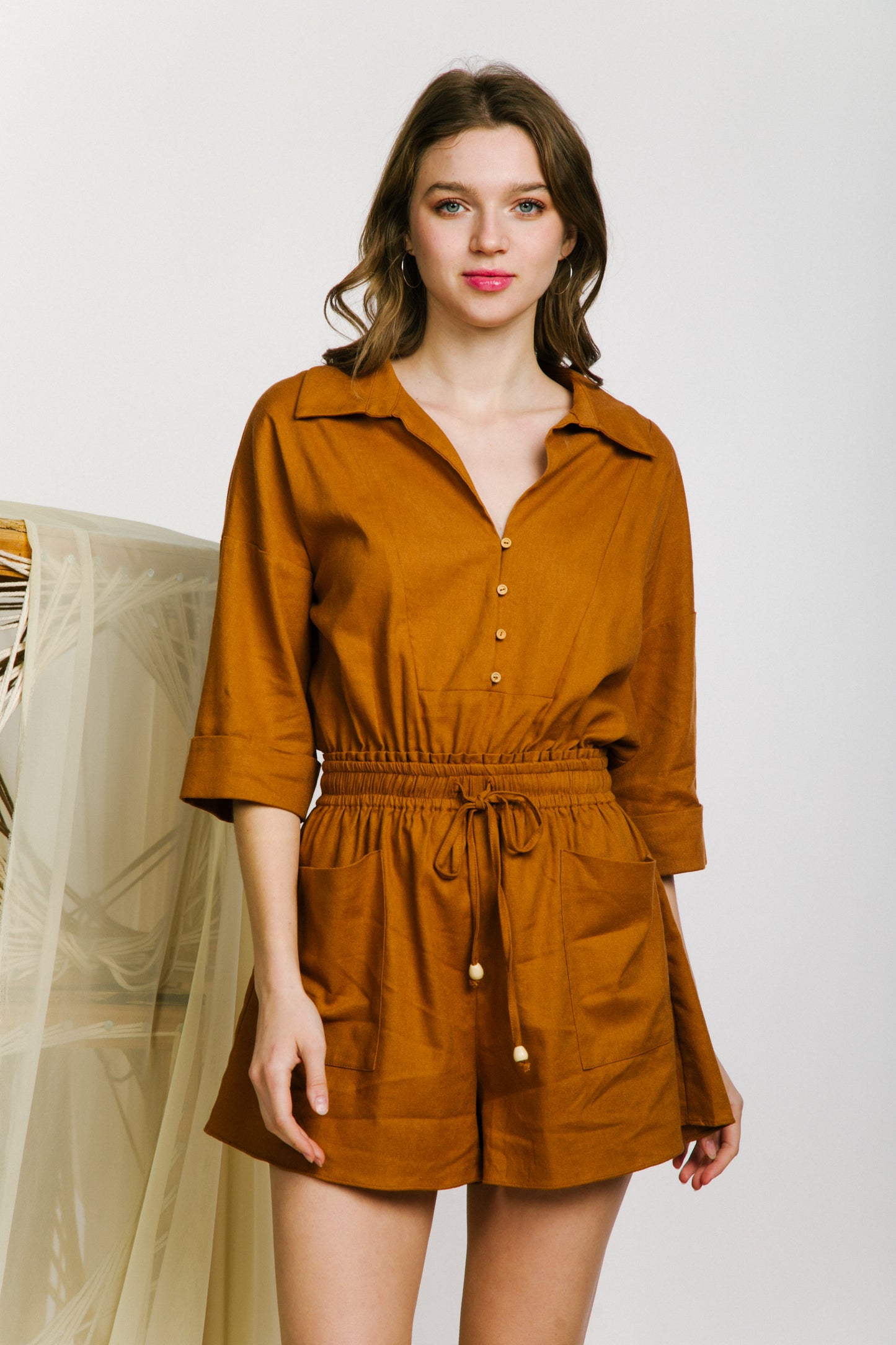 (5103) Beth Lapel Collared Roll-up Sleeve Linen Romper