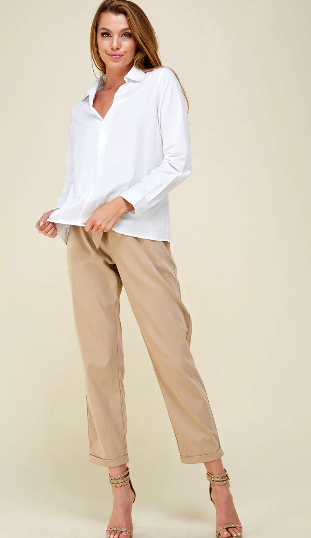 White Front Pleated Long Sleeve Shirt