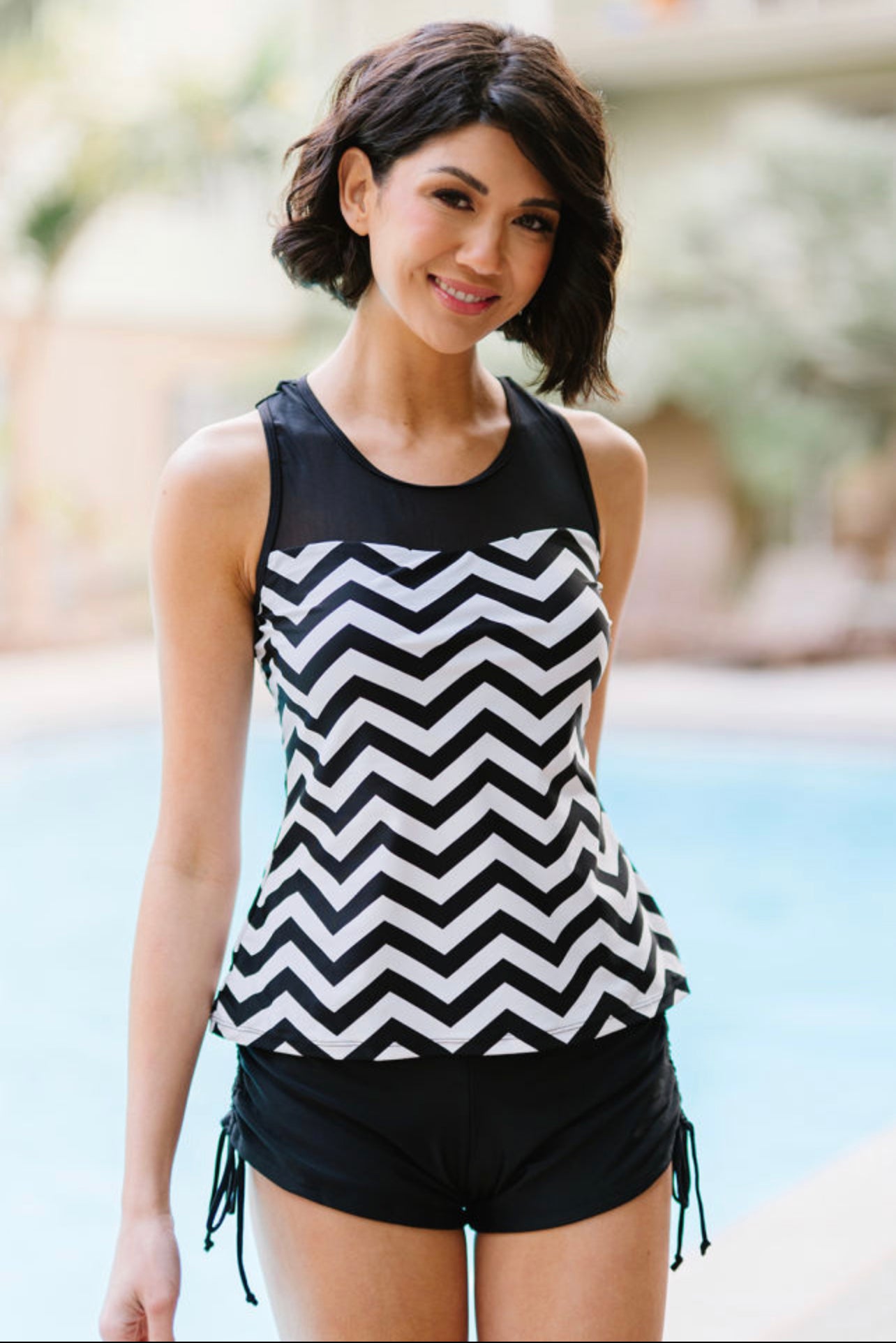 Black White Zigzag Print 2pc Tankini Swimsuit