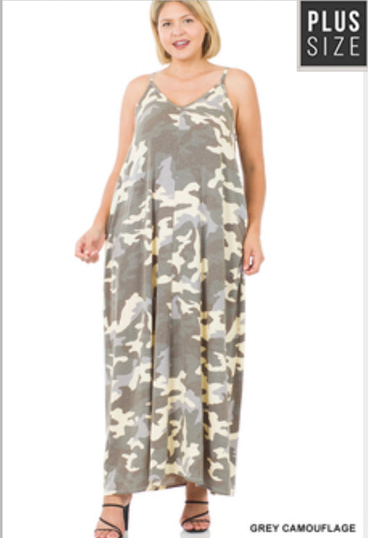 057 Plus Size - Gray Camouflage V-Neck Maxi Dress