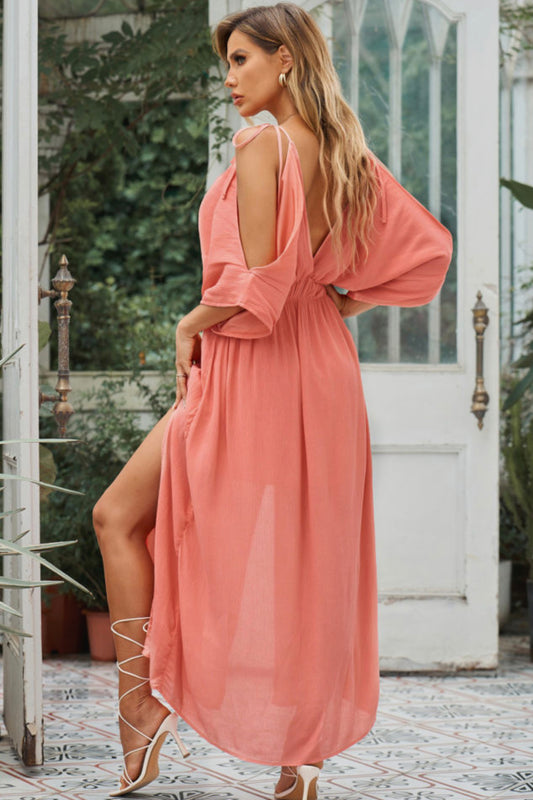 073 Orange Cold-Shoulder Maxi Dress