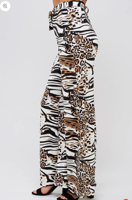 Animal Print Belted Wide Pants