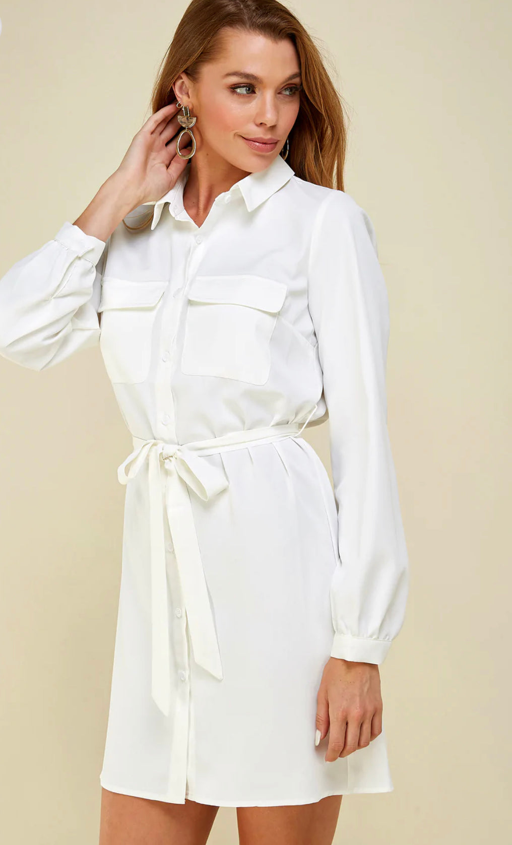 082 White Button Down mini Dress with Belt