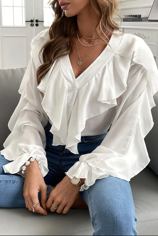 White Ruffles V-neck Top